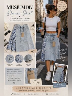 Musium Div. Denim Patchwork Skirt NWT Size 28 Y2K A-Line